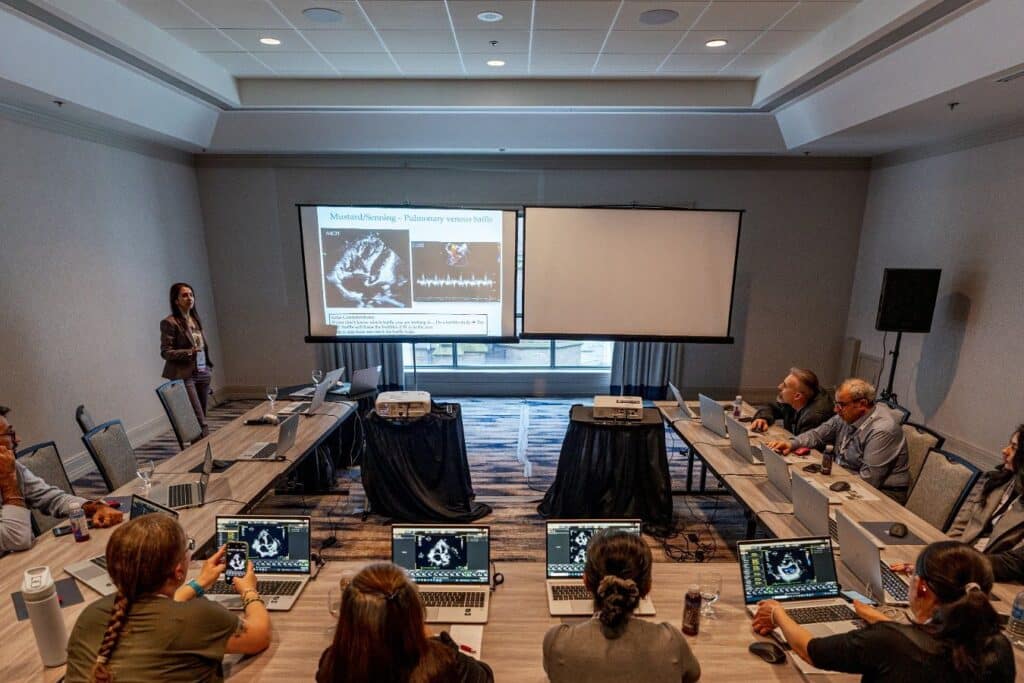 Conference room with presentation and laptops.